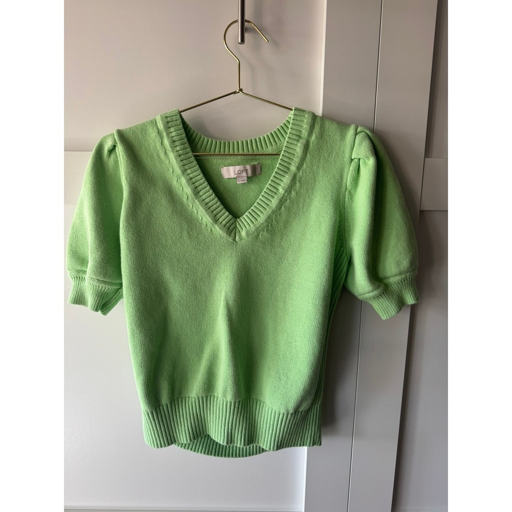 LOFT Lime‎ Green V-Neck Puff Short Sleeve Knit Sweater Small Womens Popover S